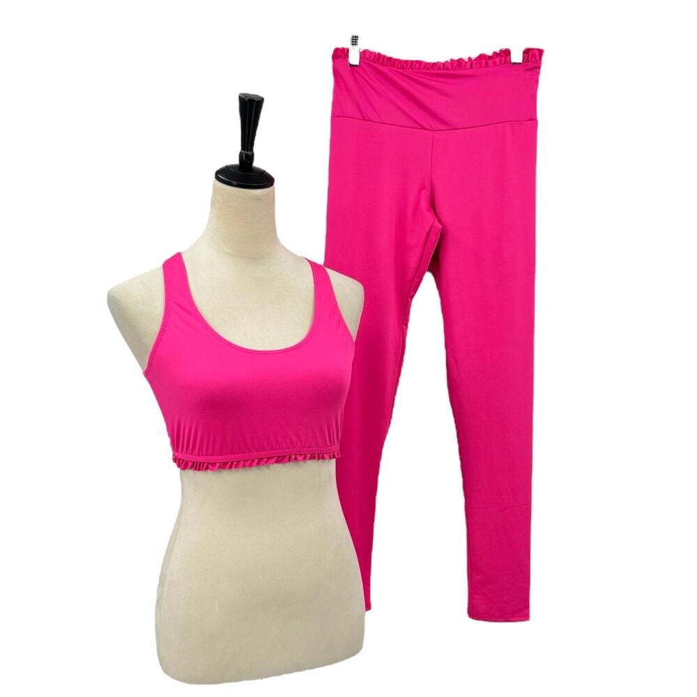 143 Story Lizzy Two Piece Hot Pink Ruffle High Waist Legging Crop Tank Set - Picture 5 of 16